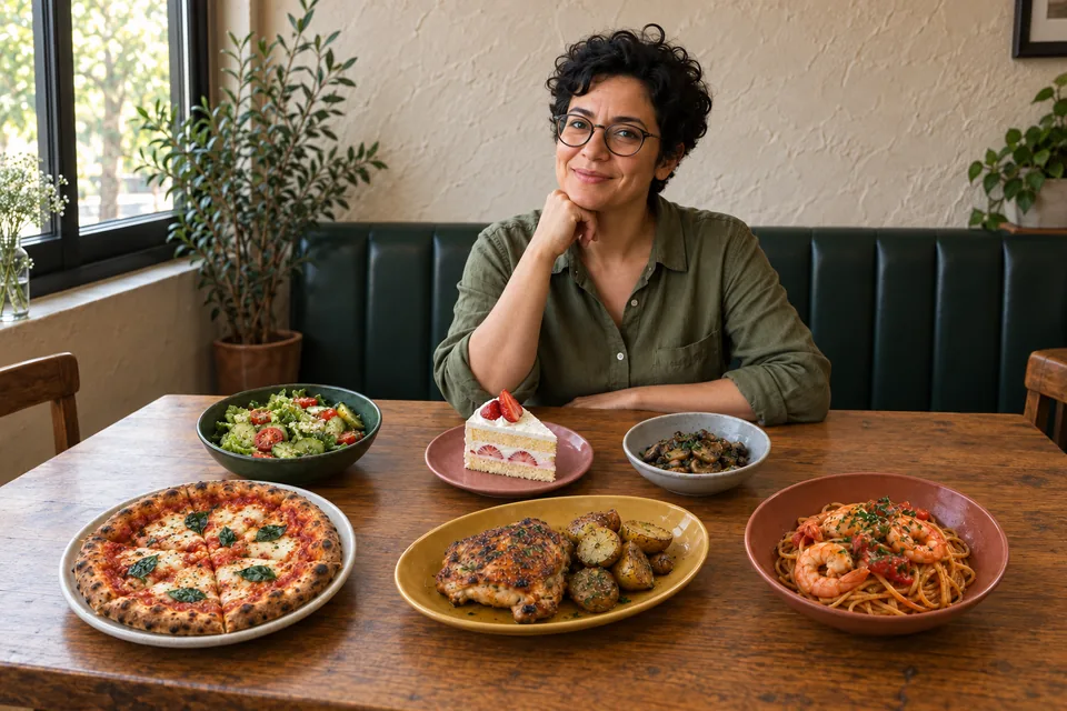 Take one portrait and photograph each dish as it arrives. Compose a relaxed meal portrait with Sparkles Editor, with original AI examples, a reference checklist and prompts to copy.