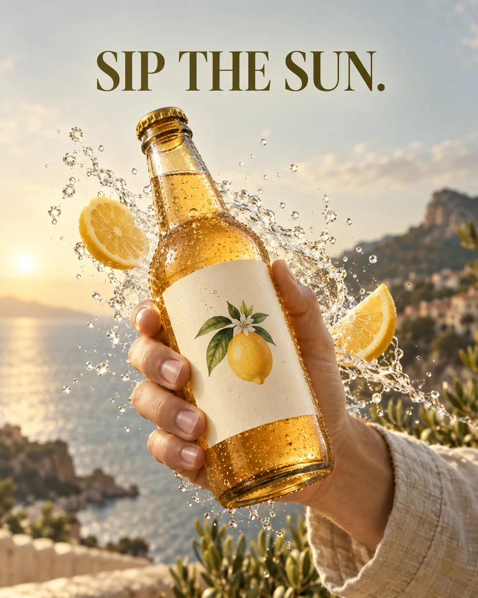 Build a campaign around one product, one human gesture and a three-word headline. Two full prompts cover splashes, pouring, product identity and visual hierarchy.